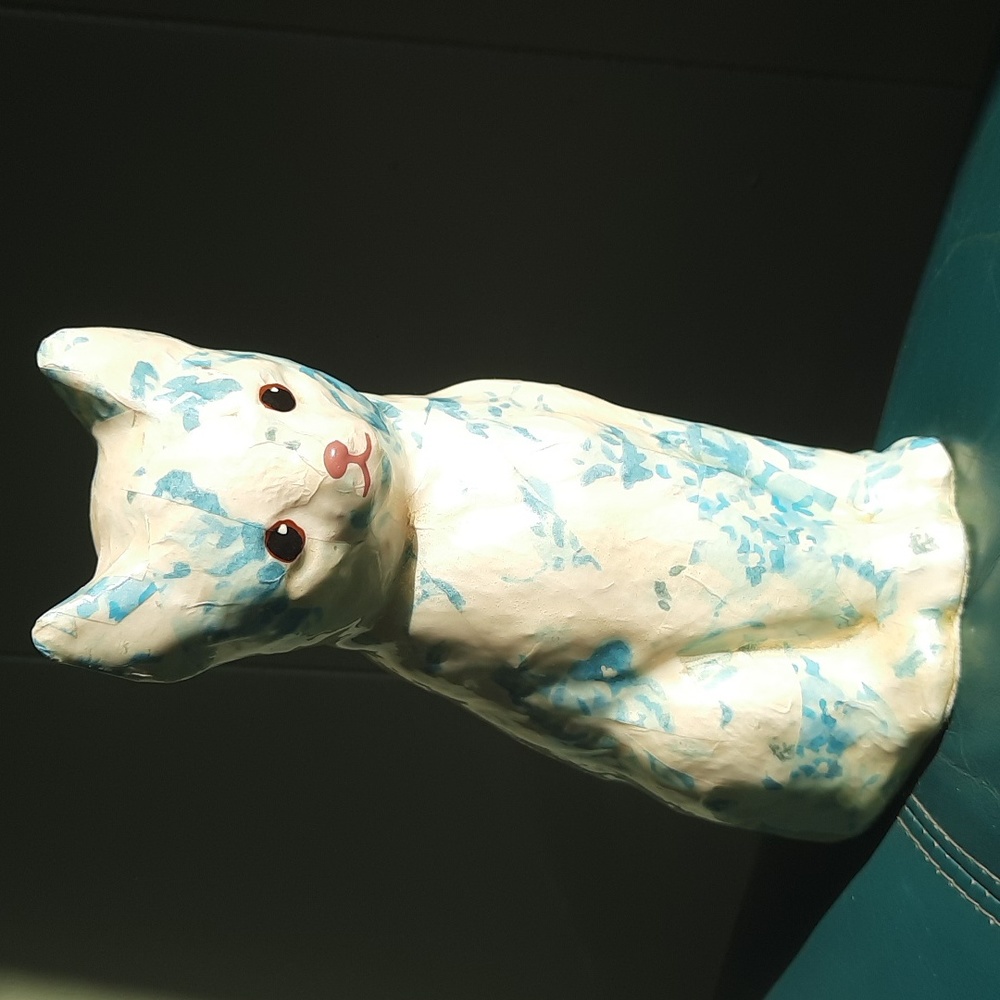 Vintage Decoupage heavy Blue and Cream coloured sitting Cat Figurine handmade